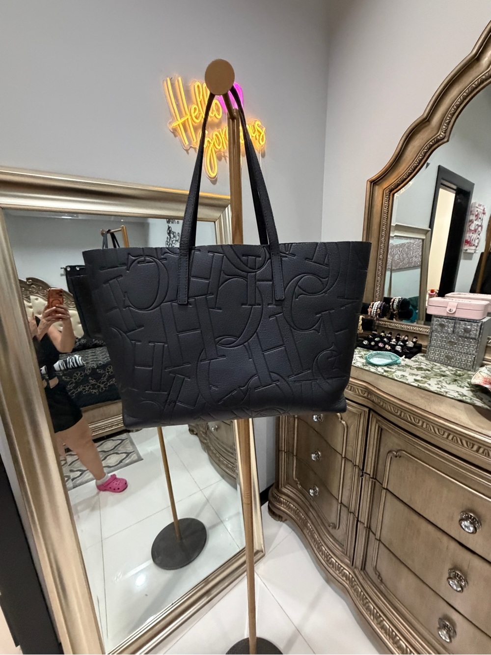 Carolina Herrera Black Embossed Logo Tote
